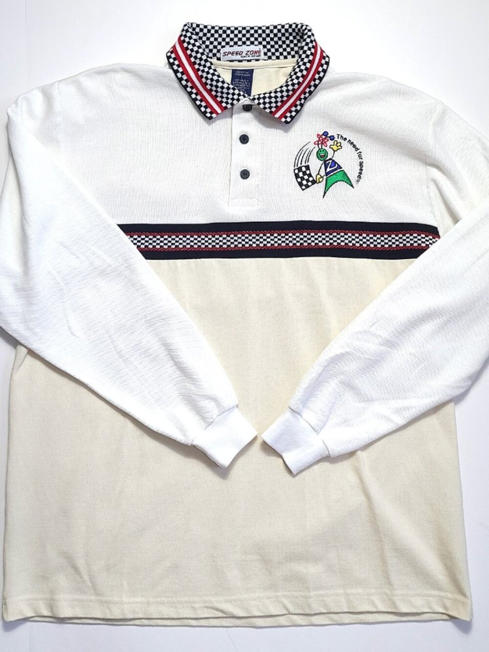 Vtg Speed Zone Race Gear Cotton Sz Large Long Sleeve Polo Check Embroidery White